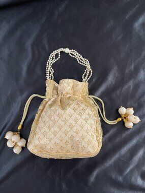 Gold Embroidered Potli Bag Beaded Evening Purse Wedding Party Drawstring clutch